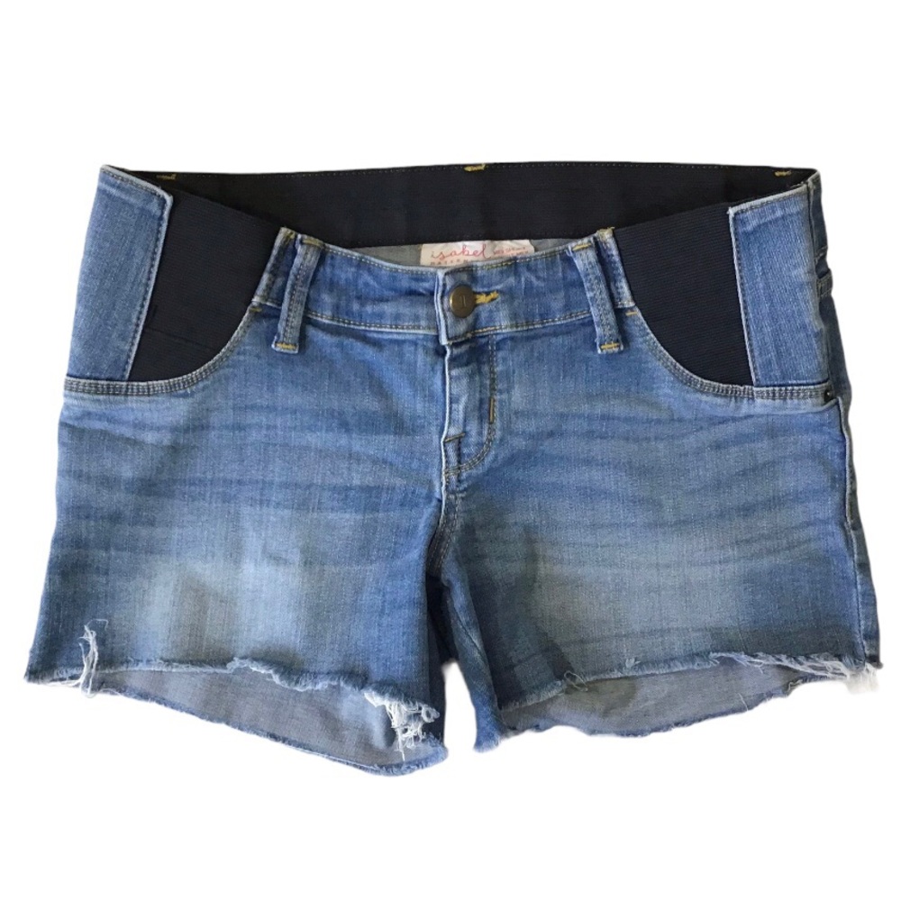 Isabel Maternity Midi Jean Shorts Size 2 Inset Panels Raw Frayed Hem Stretchy